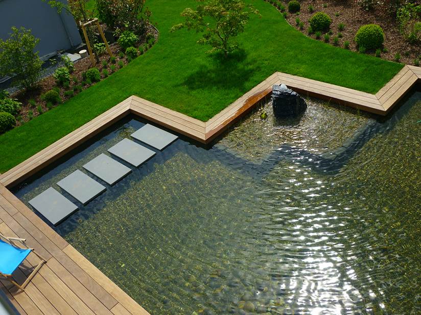 Großer, mit Holzpanelen umrandeter Schwimmteich, auf einer saftig grünen gepflegten Wiese.